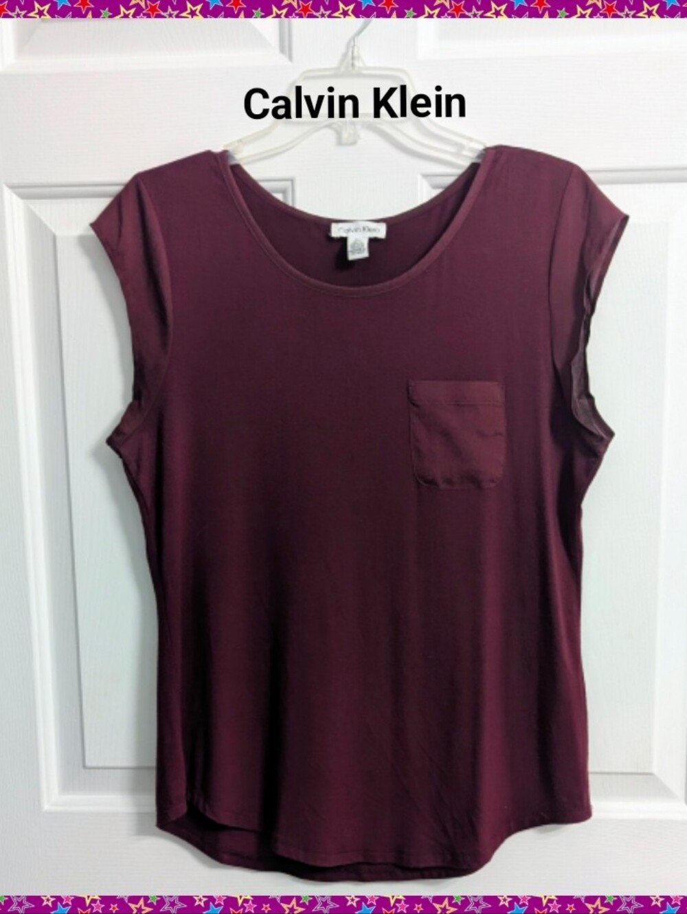 Fall Calvin Klein Plum Cap-Sleeve Pocket Knit Top Transition To Autumn M